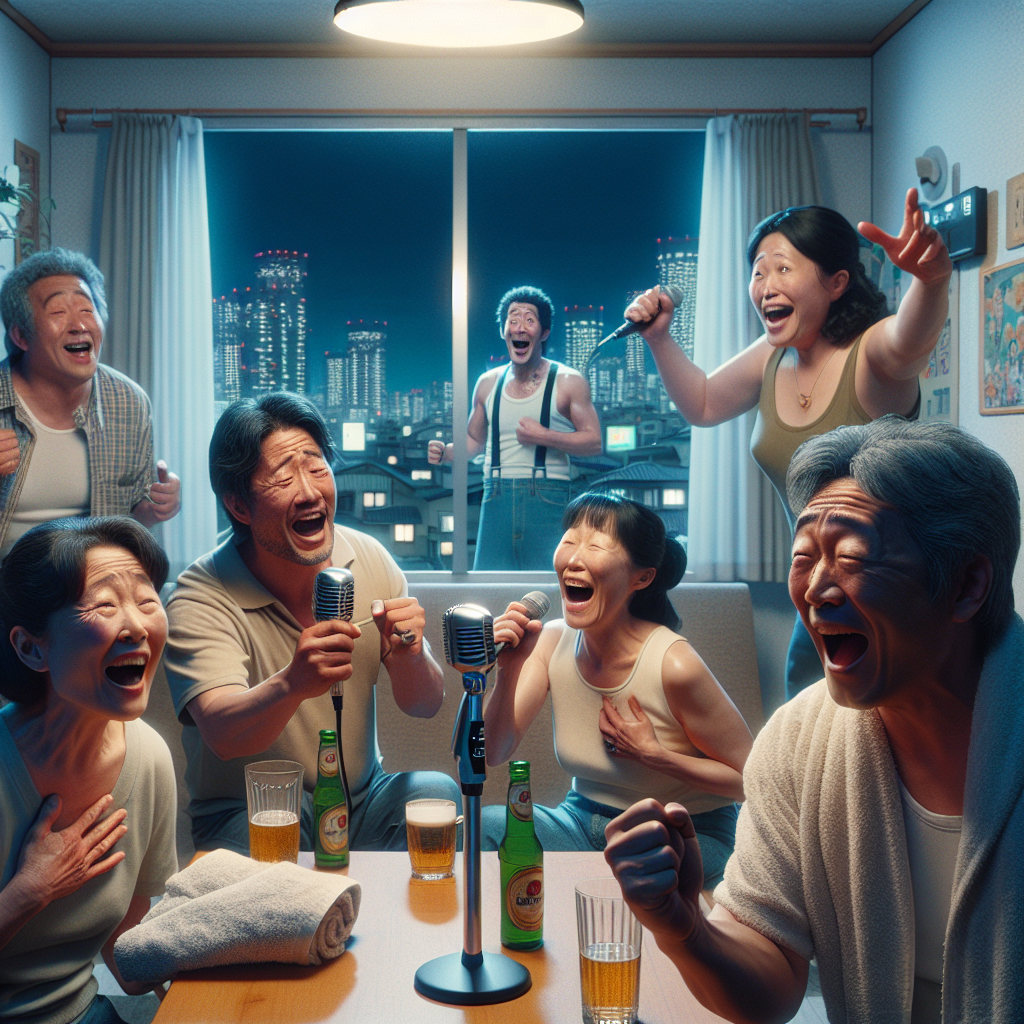 東京の夜景をバックに、麻布十番と六本木のカラオケバーで歌って盛り上がる大人たちの楽しそうな夜のシーン